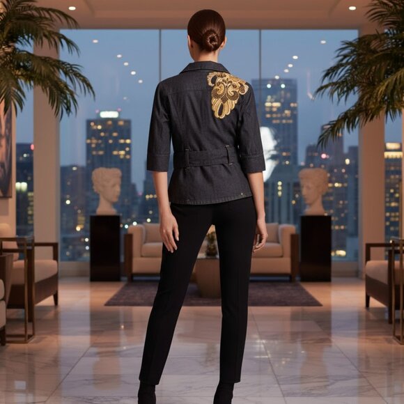 Dereon dark Rustic 3/4 sleeve crop belted denim jean trench jacket L - Picture 2 of 5